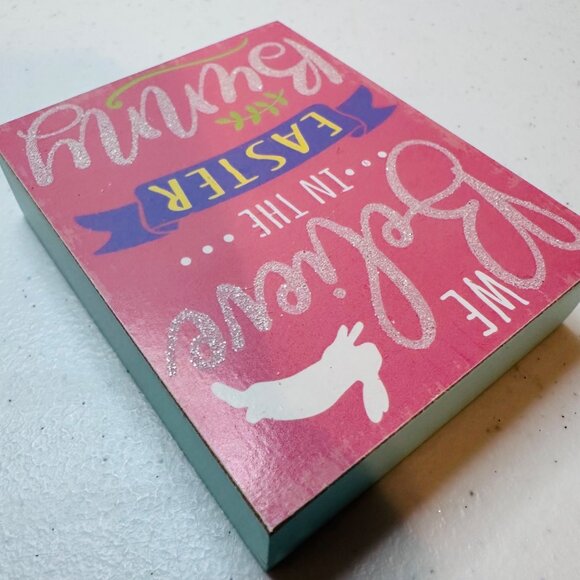 WE BELIEVE IN THE EASTER BUNNY wood block sign decoration glitter Easter decor - Picture 9 of 10